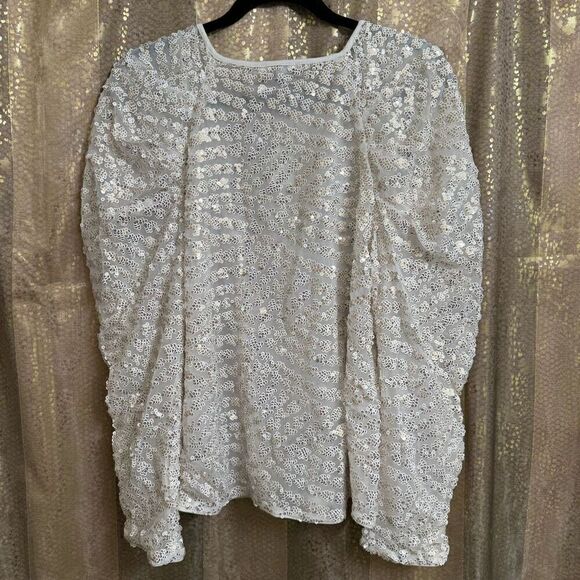 Express Ivory Gold Sparkly Sequin Puff Long Sleeve Blouse Large NWT - Picture 2 of 7